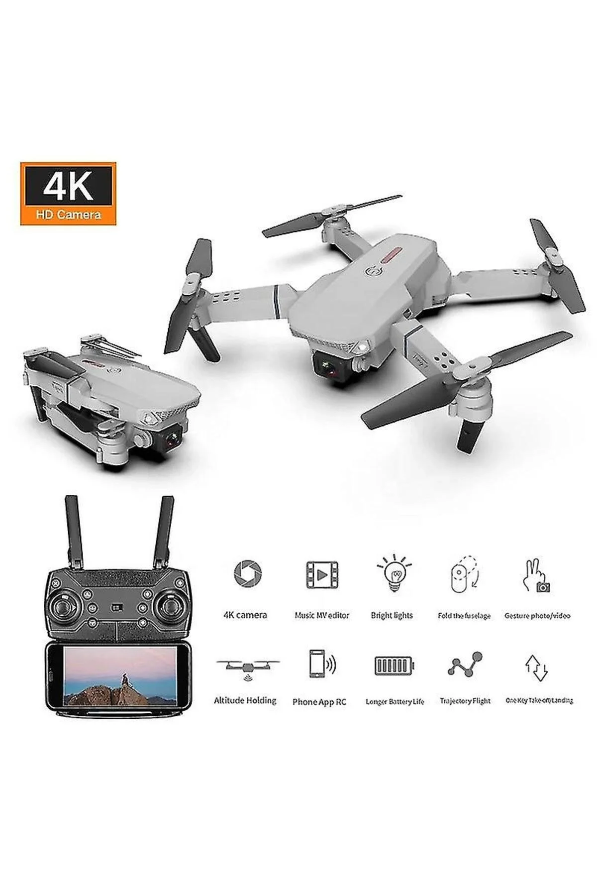 Katlanabilir Çift Kameralı Wifi Bağlantılı Drone, Uzaktan Kumanda ve Akıllı Telefon Kontrolü, Siyah