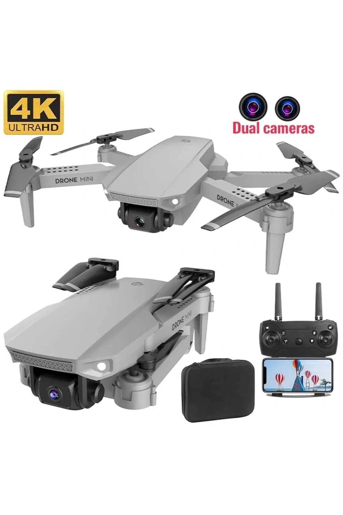 Katlanabilir Çift Kameralı Wifi Bağlantılı Drone, Uzaktan Kumanda ve Akıllı Telefon Kontrolü, Siyah