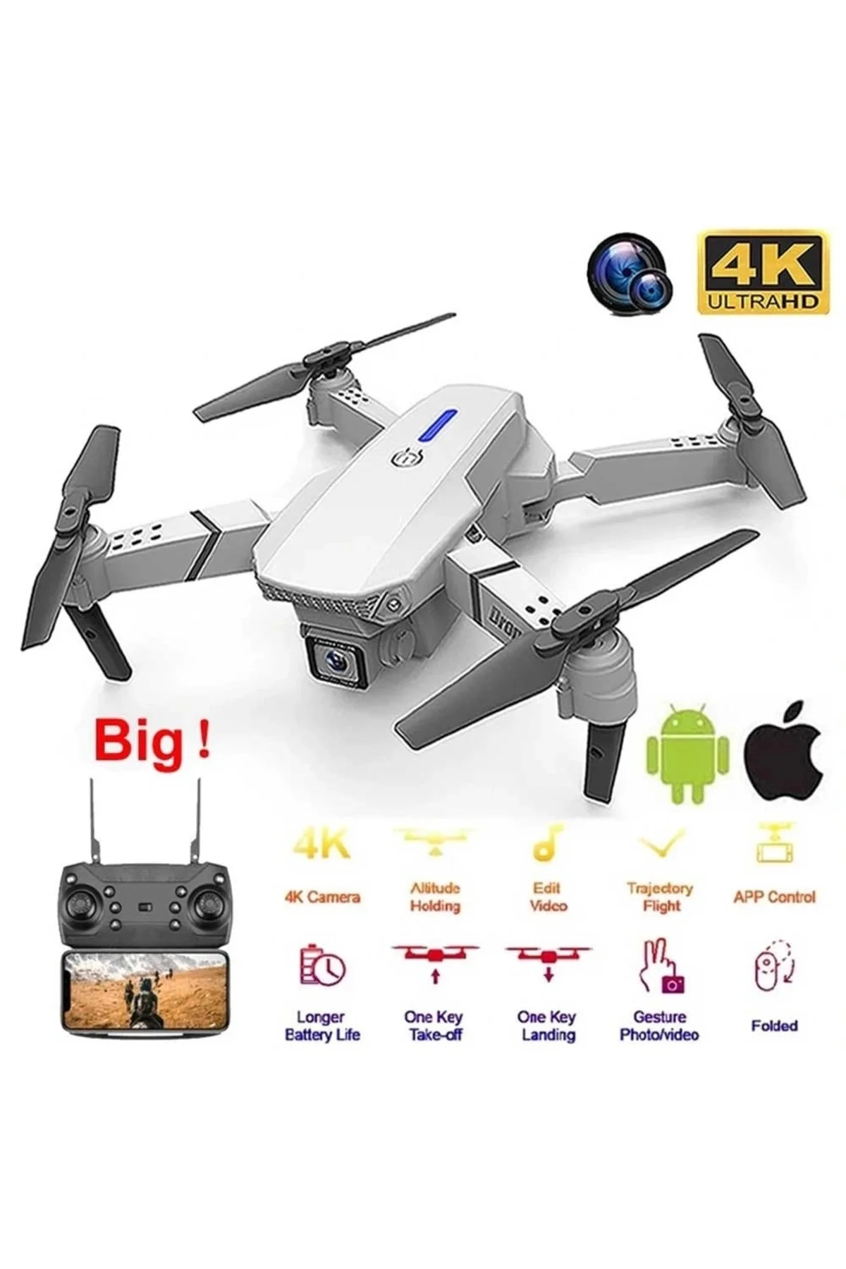 Katlanabilir Çift Kameralı Wifi Bağlantılı Drone, Uzaktan Kumanda ve Akıllı Telefon Kontrolü, Siyah
