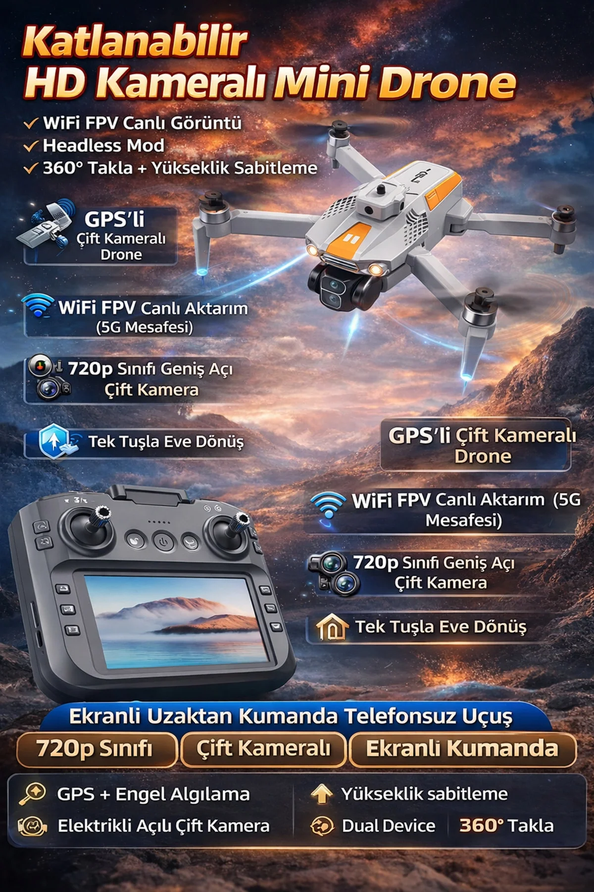 Katlanabilir HD Kameralı Ekranlı Drone ile Havadan Görüntü Alın, Çarpışma Önleme Özellikli