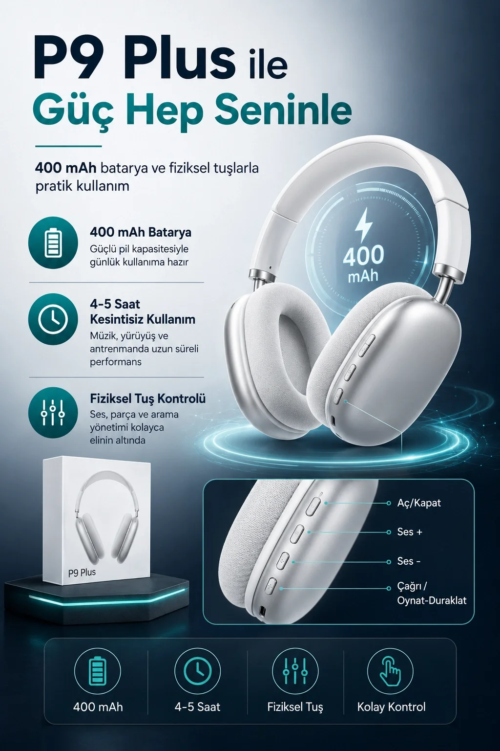 Katlanabilir Kablosuz Kulaklık Kulak Üstü Rahat Pedli Taşınabilir Stereo Model