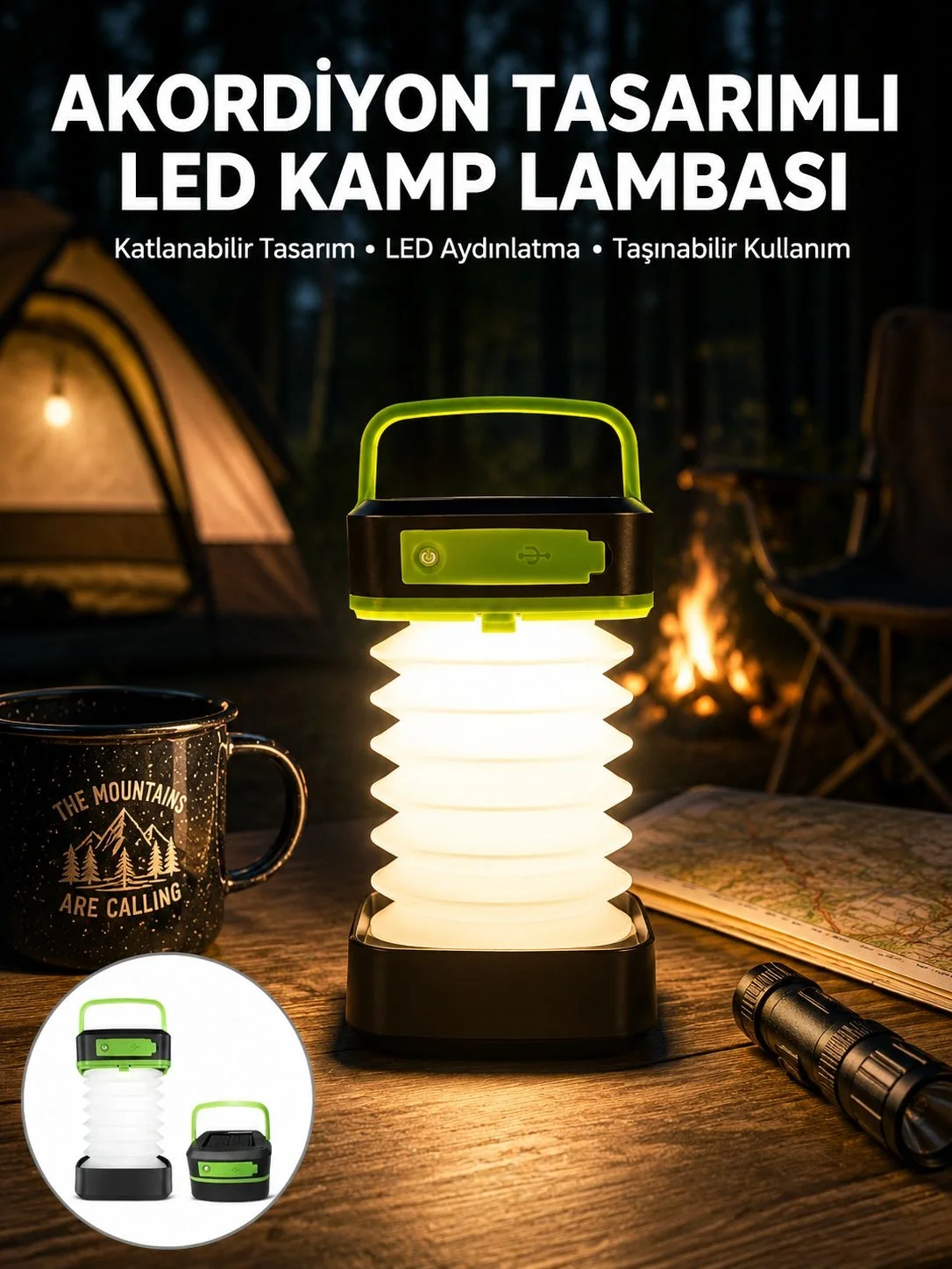 Katlanabilir Kamp Lambası Akordiyon Lamba Şarjlı 3 Kademeli Solar