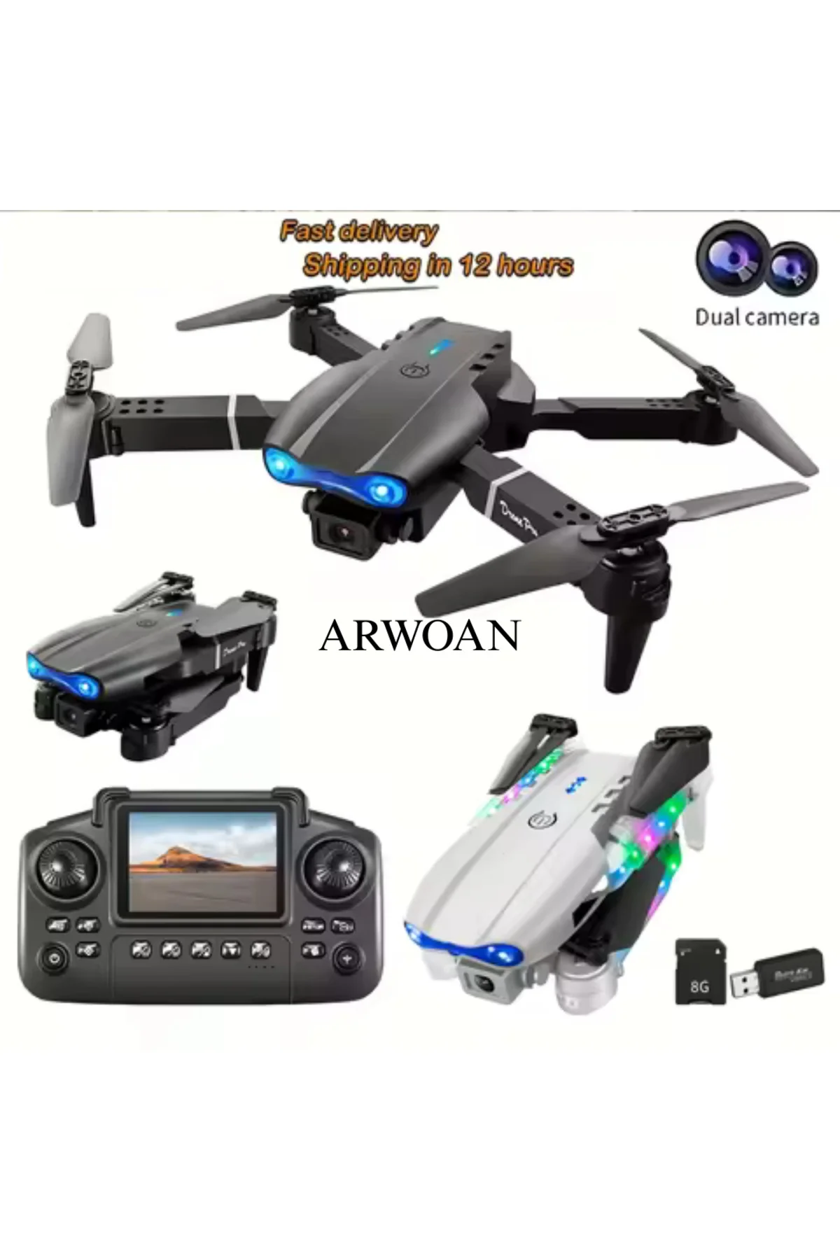 Katlanabilir Mini Drone LED Işıklı, Ekranlı Uzaktan Kumandalı, HD Görüntü, Hafıza Kart Destekli
