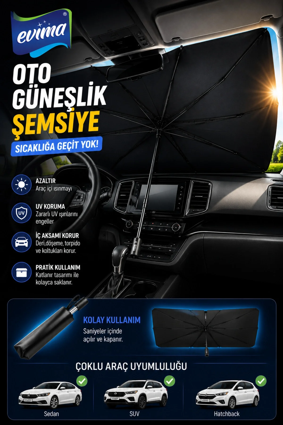 Katlanabilir Oto Güneşlik Şemsiye 75x140 cm UV Korumalı Ön Cam Gölgelik Aksesuarı Fiyatı, Yorumları ve Özellikleri