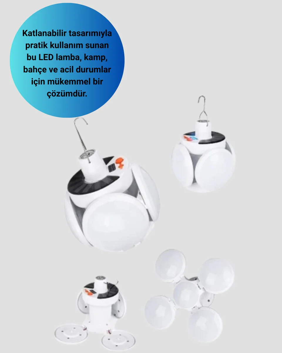 Katlanabilir Solar LED Lamba - Taşınabilir, IP65 Su Geçirmez, 45 LED, 2400mAh