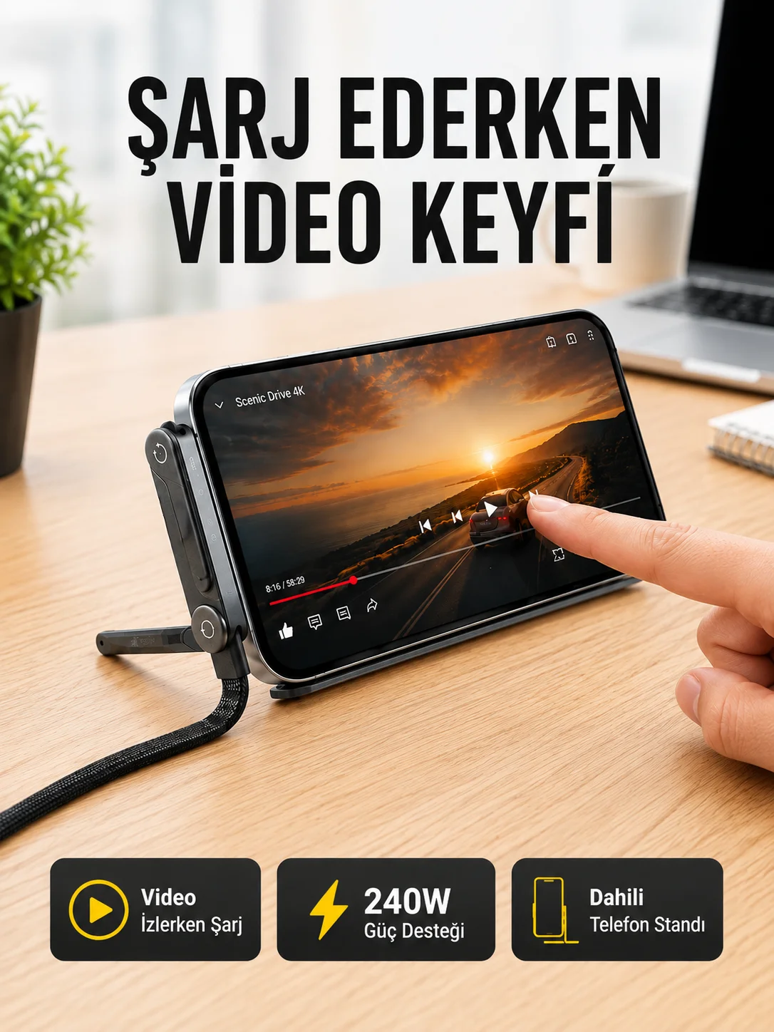 Katlanabilir Telefon Standlı 240W Type-C Hızlı Şarj Kablosu