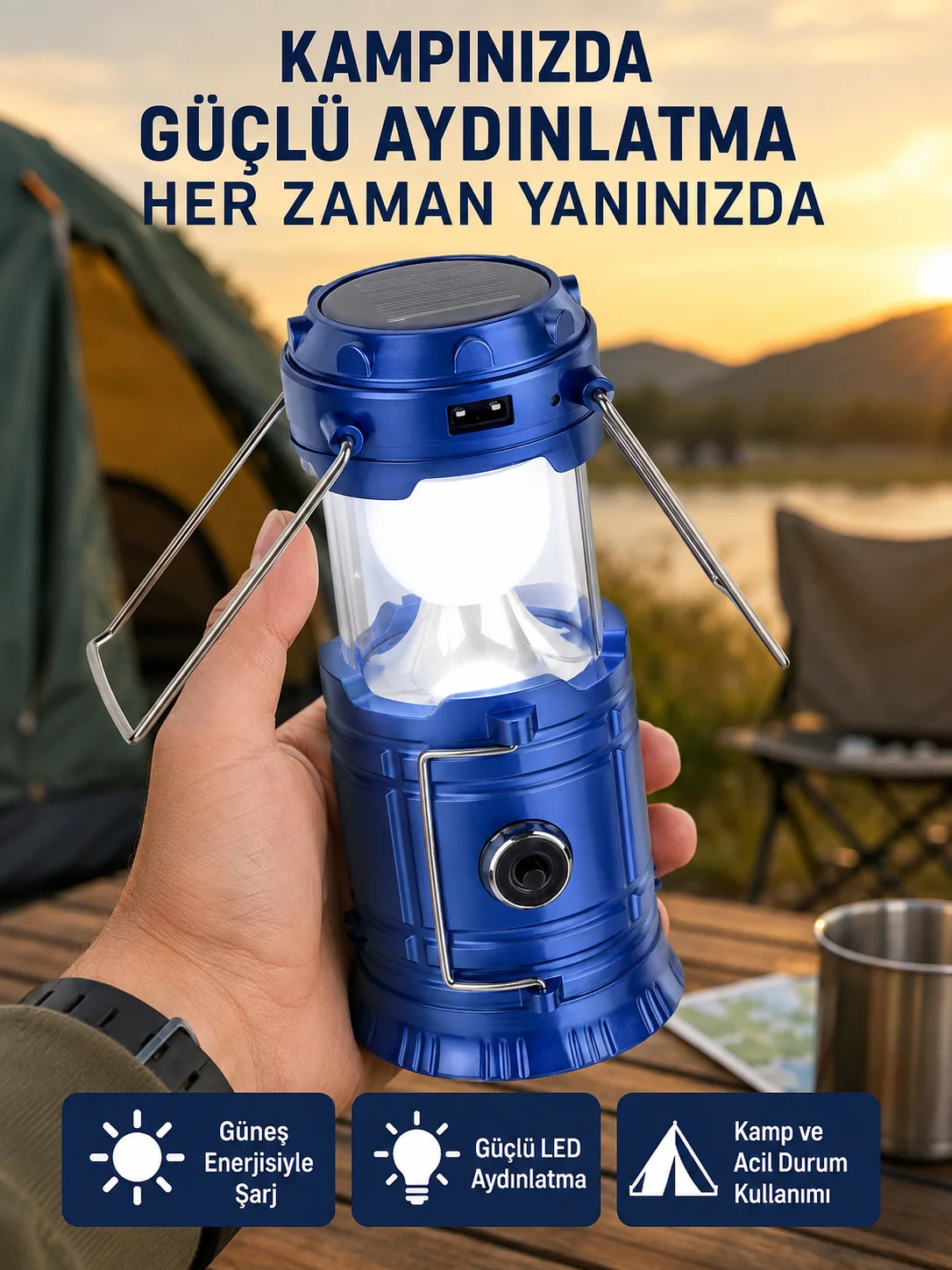 Katlanabilir USB Çıkışlı Kamp Feneri – Şarj Edilebilir, Dayanıklı ve Çok Fonksiyonlu
