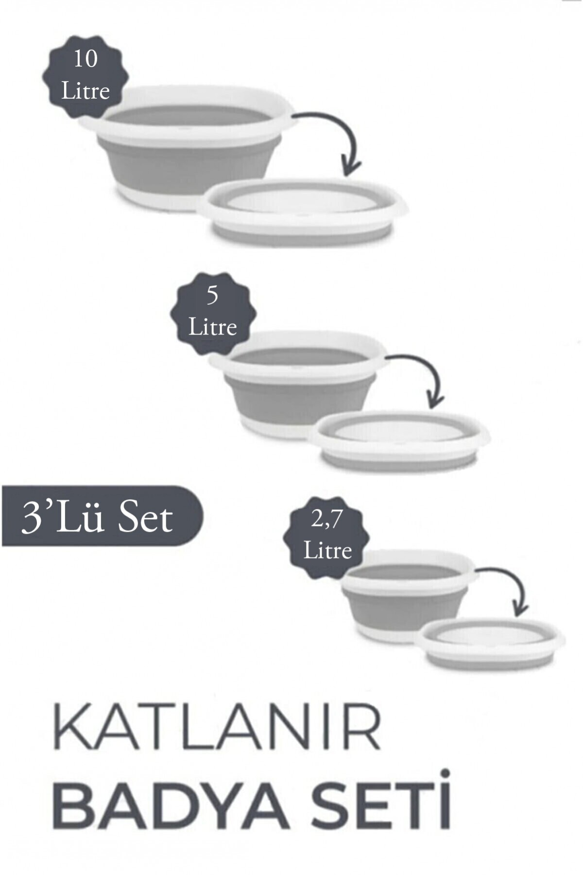 Pazar Kapısı Katlanır Badya Akordiyon Leğen Seti 2,7 L - 5 L - 10 L