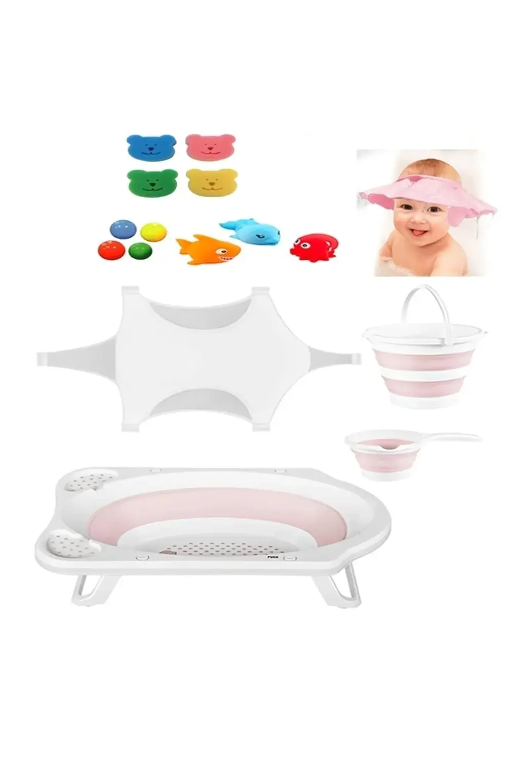 Katlanır Bebek Yıkama Banyo Küvet Seti 8 Parça Pembe