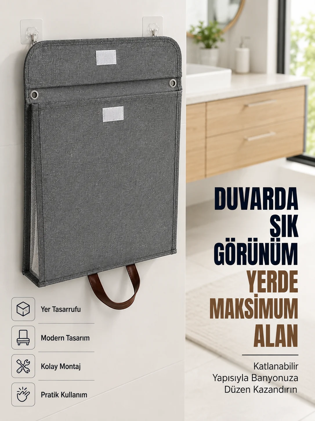 Katlanır Duvar Askılı Çamaşır Sepeti Geniş İç Hacimli Banyo Düzenleyici