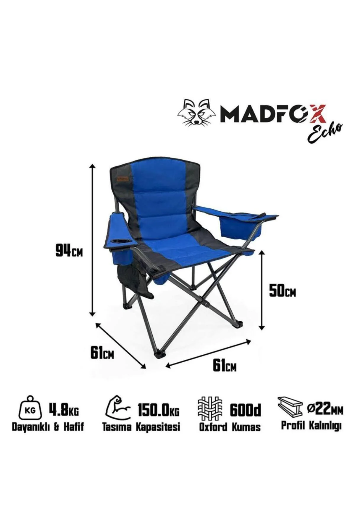 Katlanır Kamp Piknik Sandalyesi - Echo - Bardaklıklı - Mavi - 547