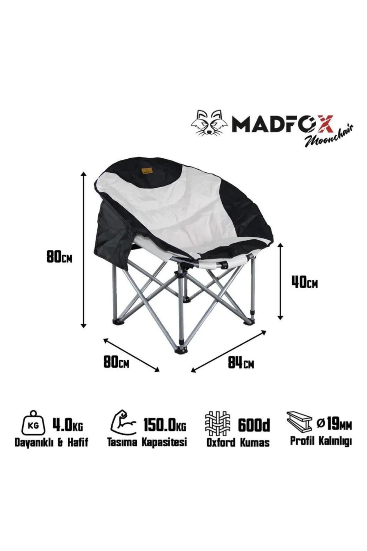 Katlanır Kamp Piknik Sandalyesi - Moonchair Deluxe - Siyah/Gri - 