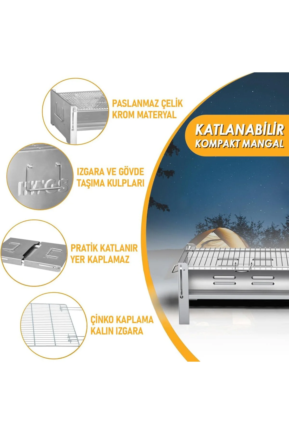 Katlanır Mangal, Paslanmaz Çelik, Barbekü Kömür Mangalı, Izgaralı