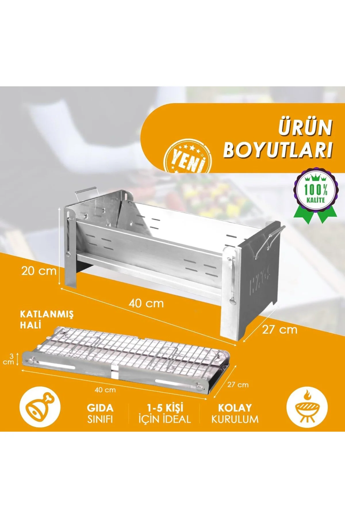 Katlanır Mangal, Paslanmaz Çelik, Barbekü Kömür Mangalı, Izgaralı