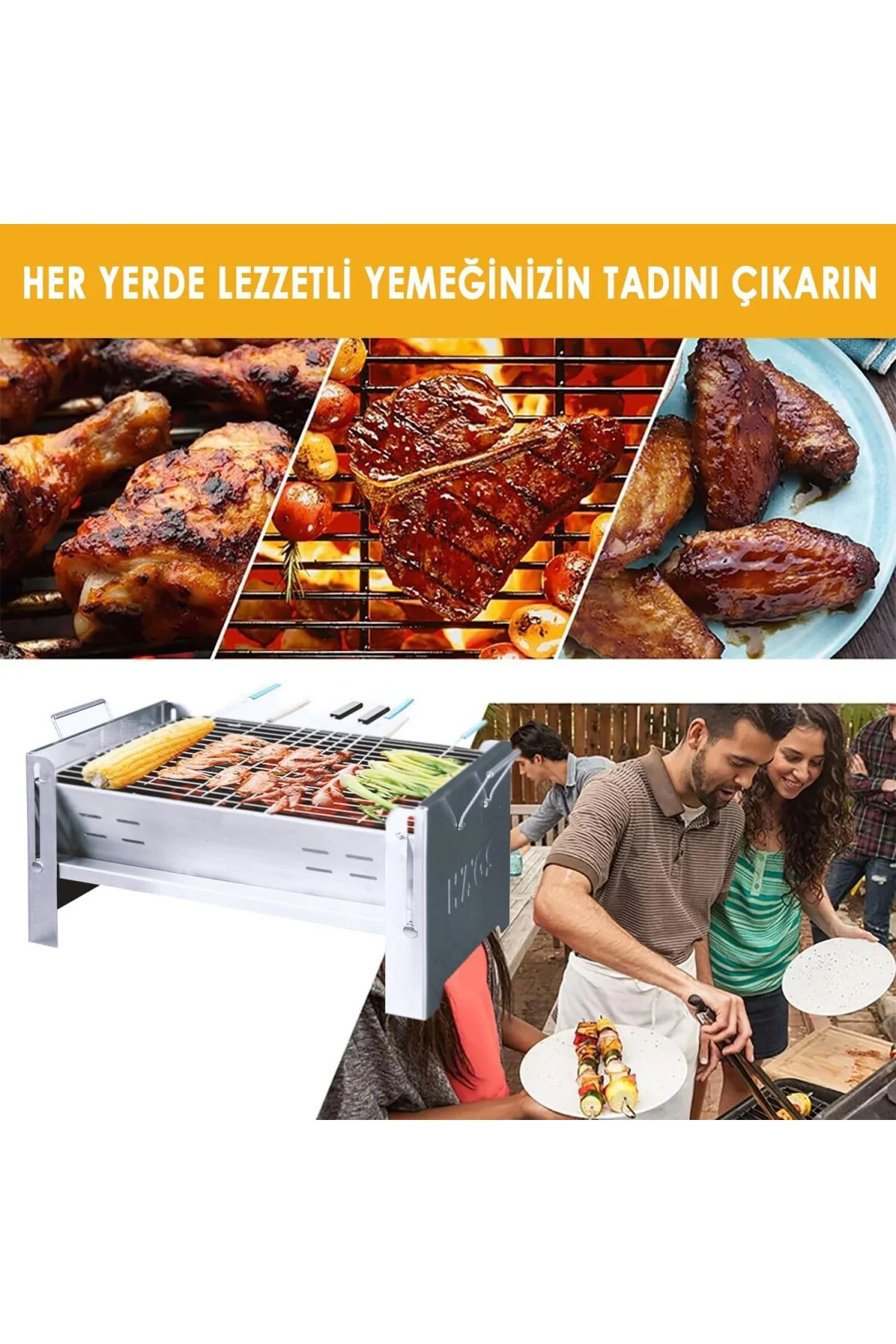 Katlanır Mangal, Paslanmaz Çelik, Barbekü Kömür Mangalı, Izgaralı