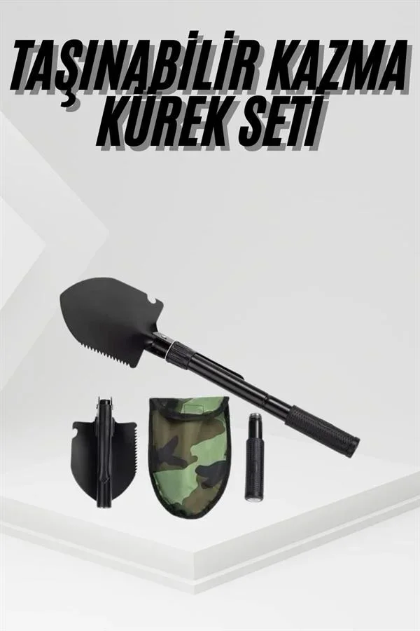 Katlanır Portatif Kazma Kürek Seti Pusulalı Çelik Taşıma Çantası