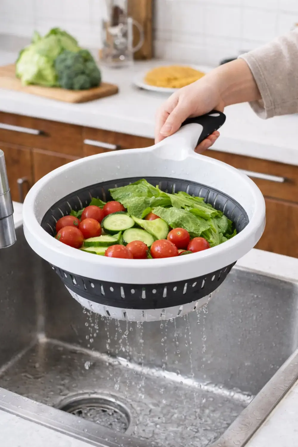 Katlanır Süzgeç Saplı – Katlanabilir Silikon Mutfak Süzgeci, Sebz