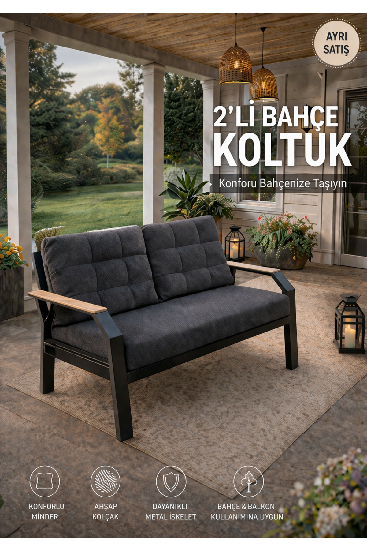 Kavacık İkili Koltuk Antrasit Fermuarlı Keten Kumaş, Modern Metal