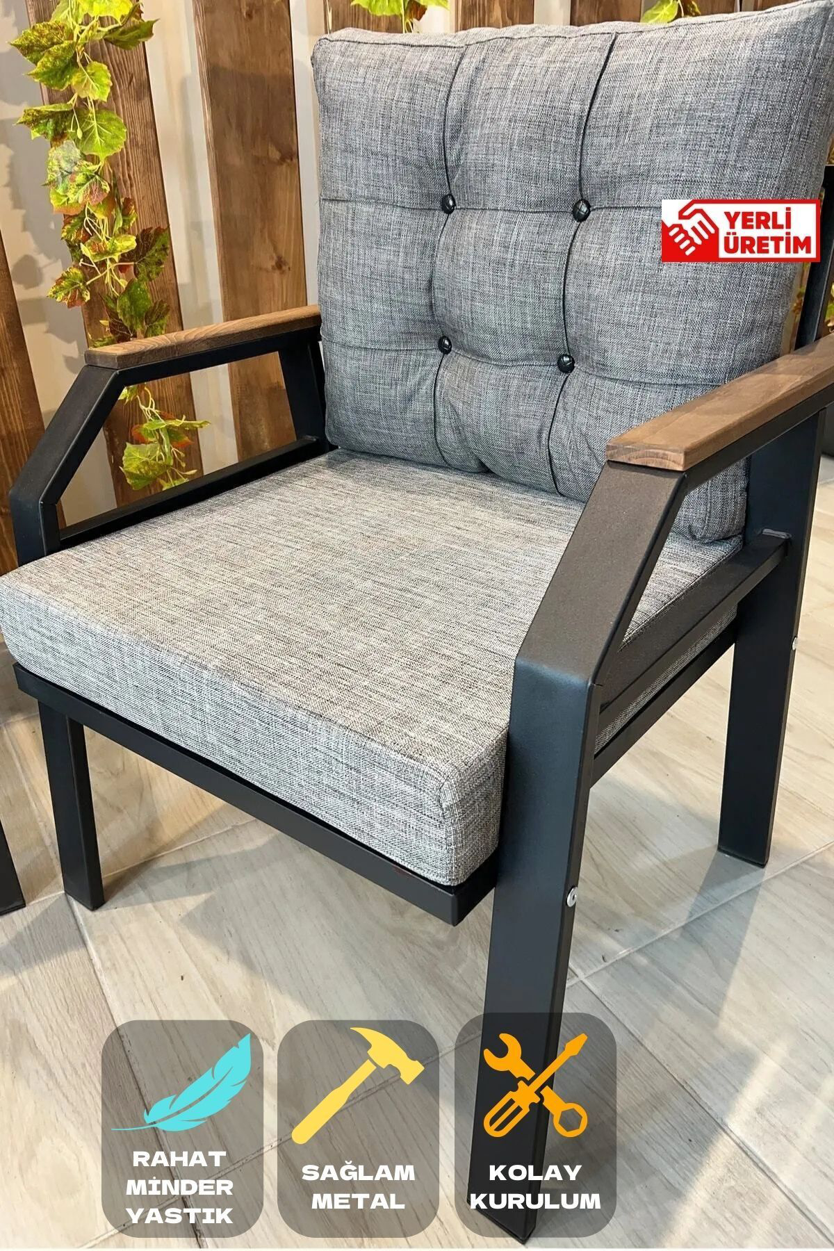 Kavacık Tekli Koltuk Gri Fermuarlı Keten Kumaş, Modern Metal Konf