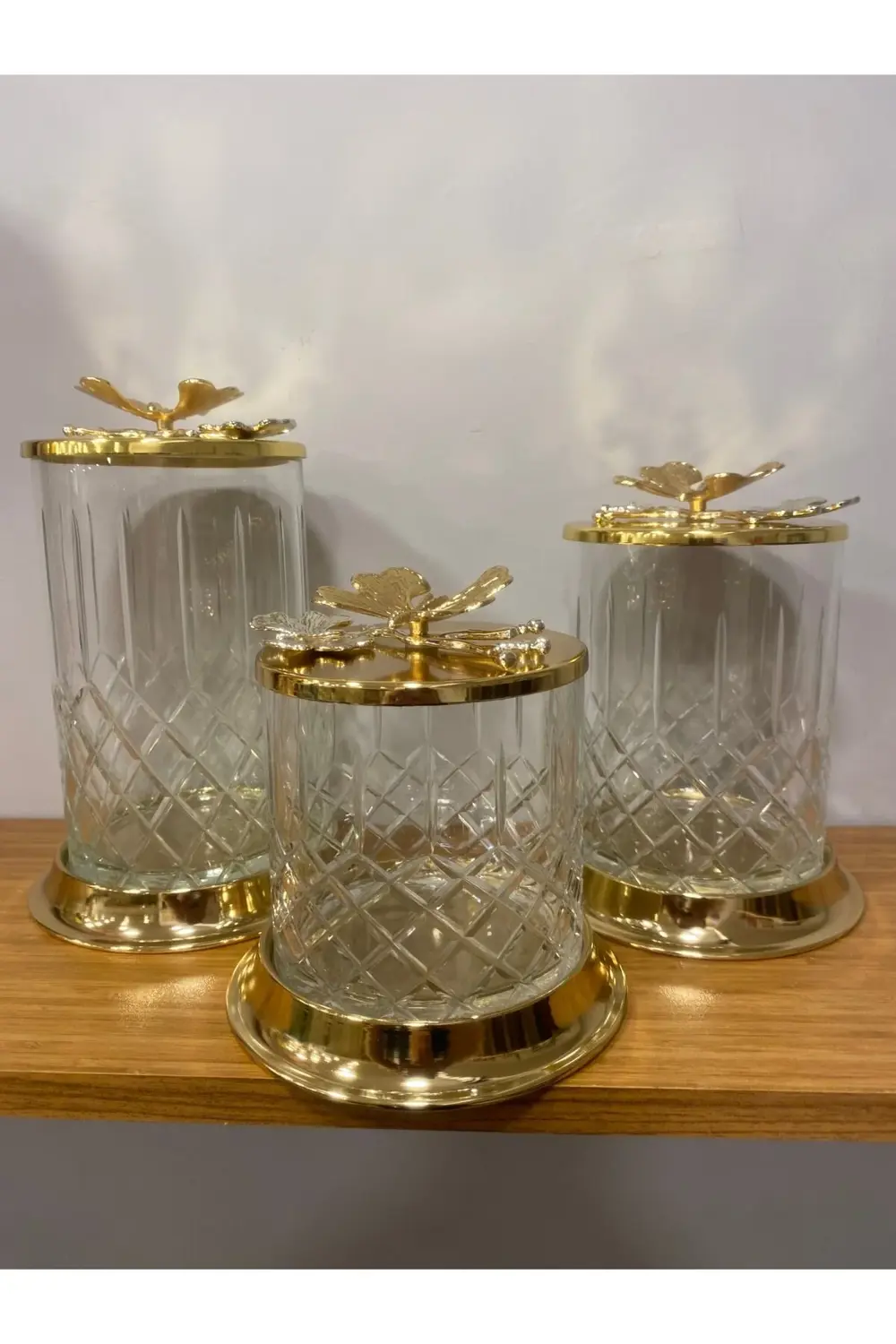 Kavanoz Seti 3'lü Kesme Cam Pirinç Kelebek Model Şeffaf Altın