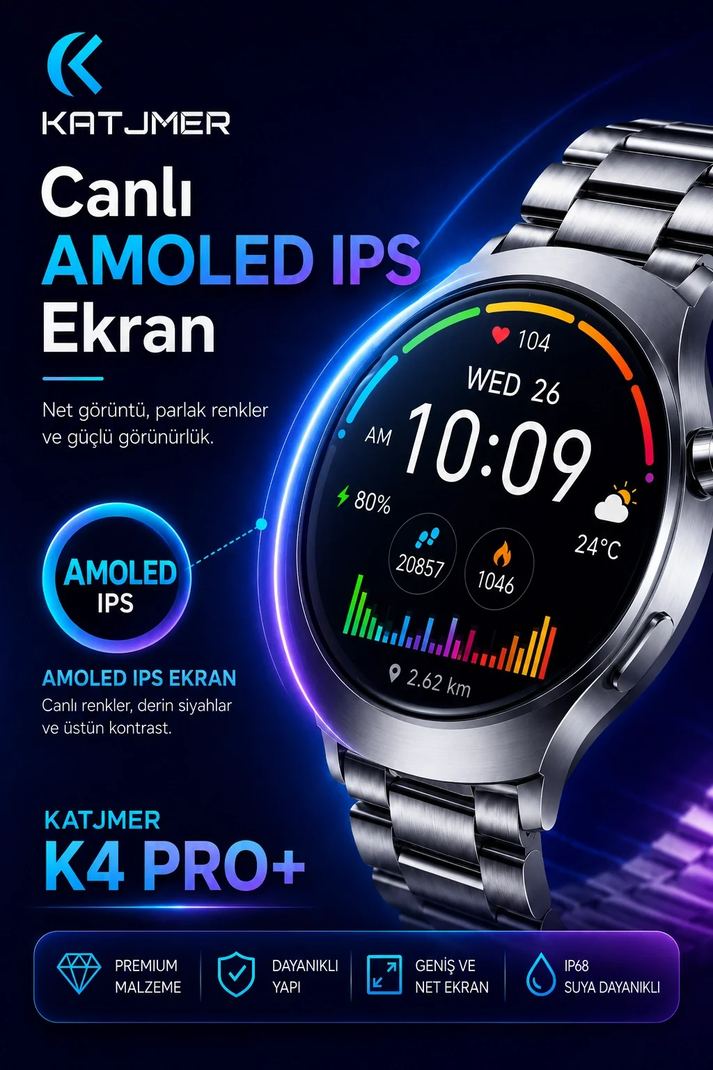 Kavisli Cam Tasarımlı Akıllı Saat AMOLED Ekran Üç Kordonlu Günlük Kullanım Seti