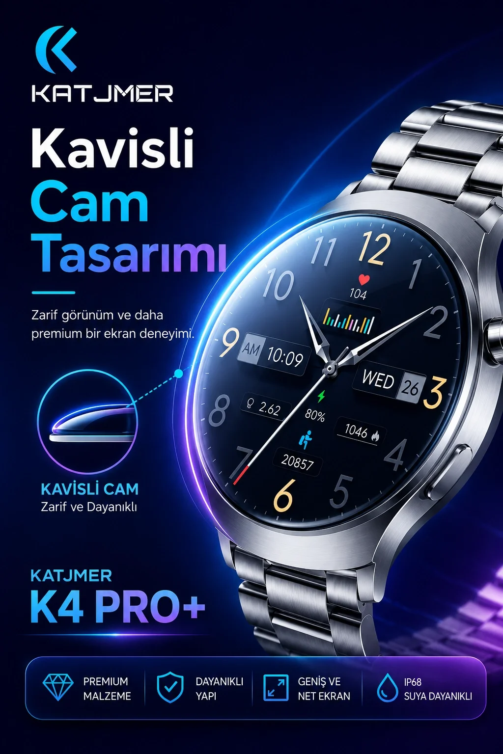 Kavisli Cam Tasarımlı Akıllı Saat AMOLED Ekran Üç Kordonlu Günlük Kullanım Seti
