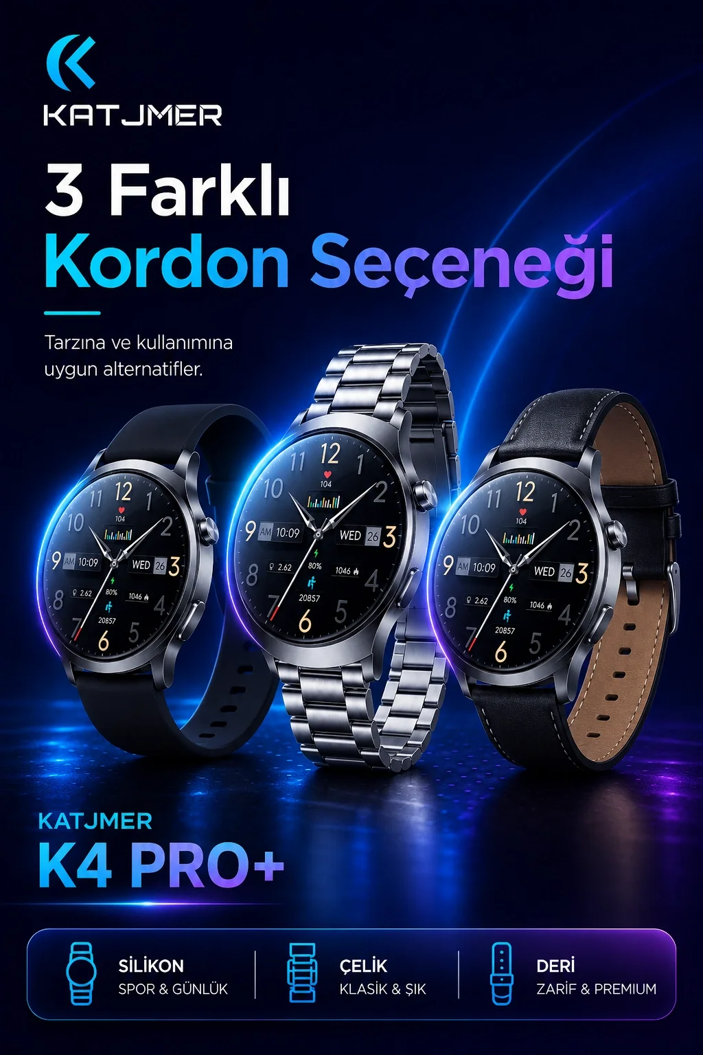 Kavisli Cam Tasarımlı Akıllı Saat AMOLED Ekran Üç Kordonlu Günlük Kullanım Seti