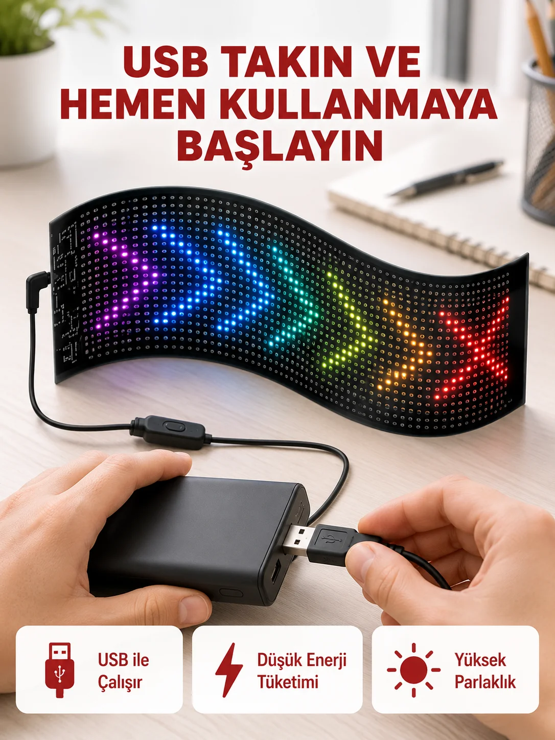 Kayan Yazı Destekli RGB LED Reklam Paneli USB ile Kolay Kurulumlu