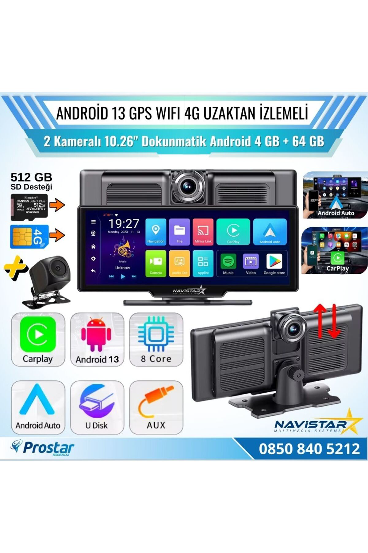Navistar Kayıtlı 2 Kameralı Android 13 Wifi Gps 4G Uzaktan İzlemeli 4 Gb +