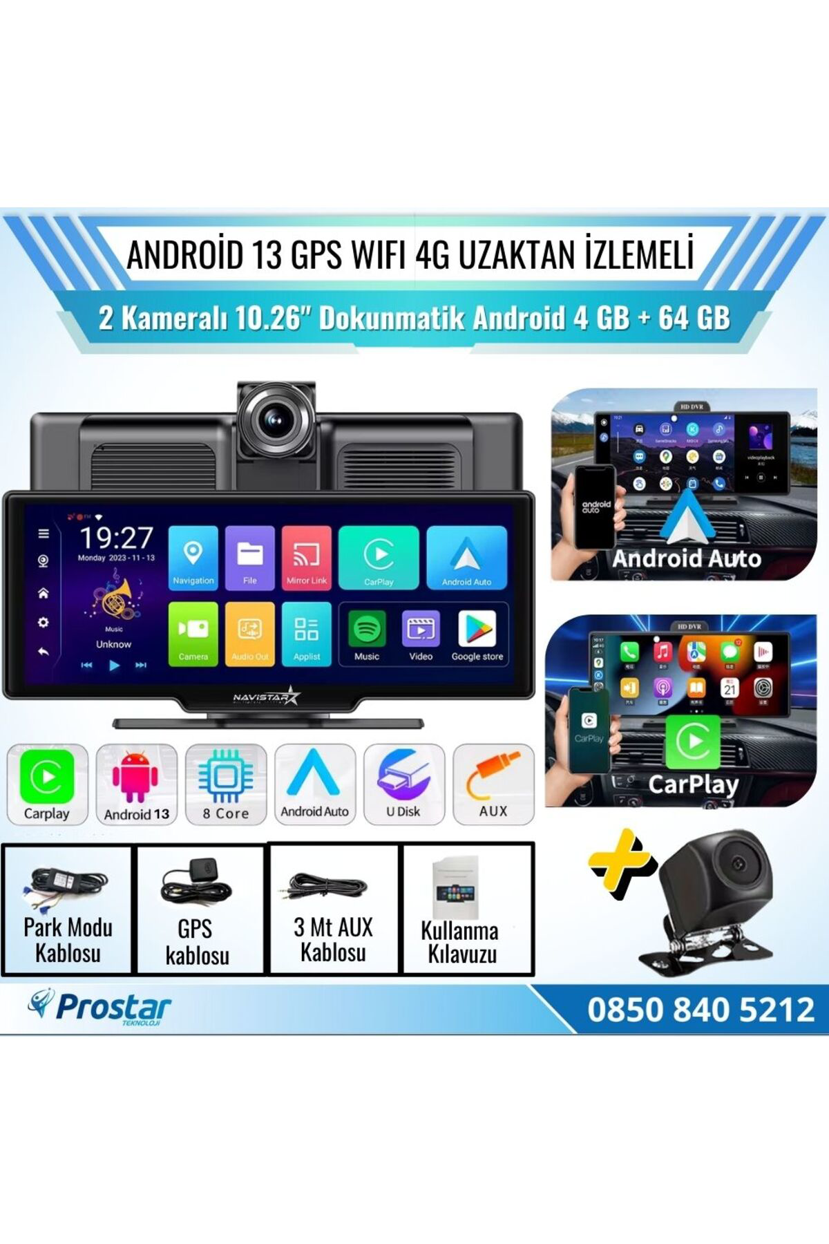 Navistar Kayıtlı 2 Kameralı Android 13 Wifi Gps 4G Uzaktan İzlemeli 4 Gb +