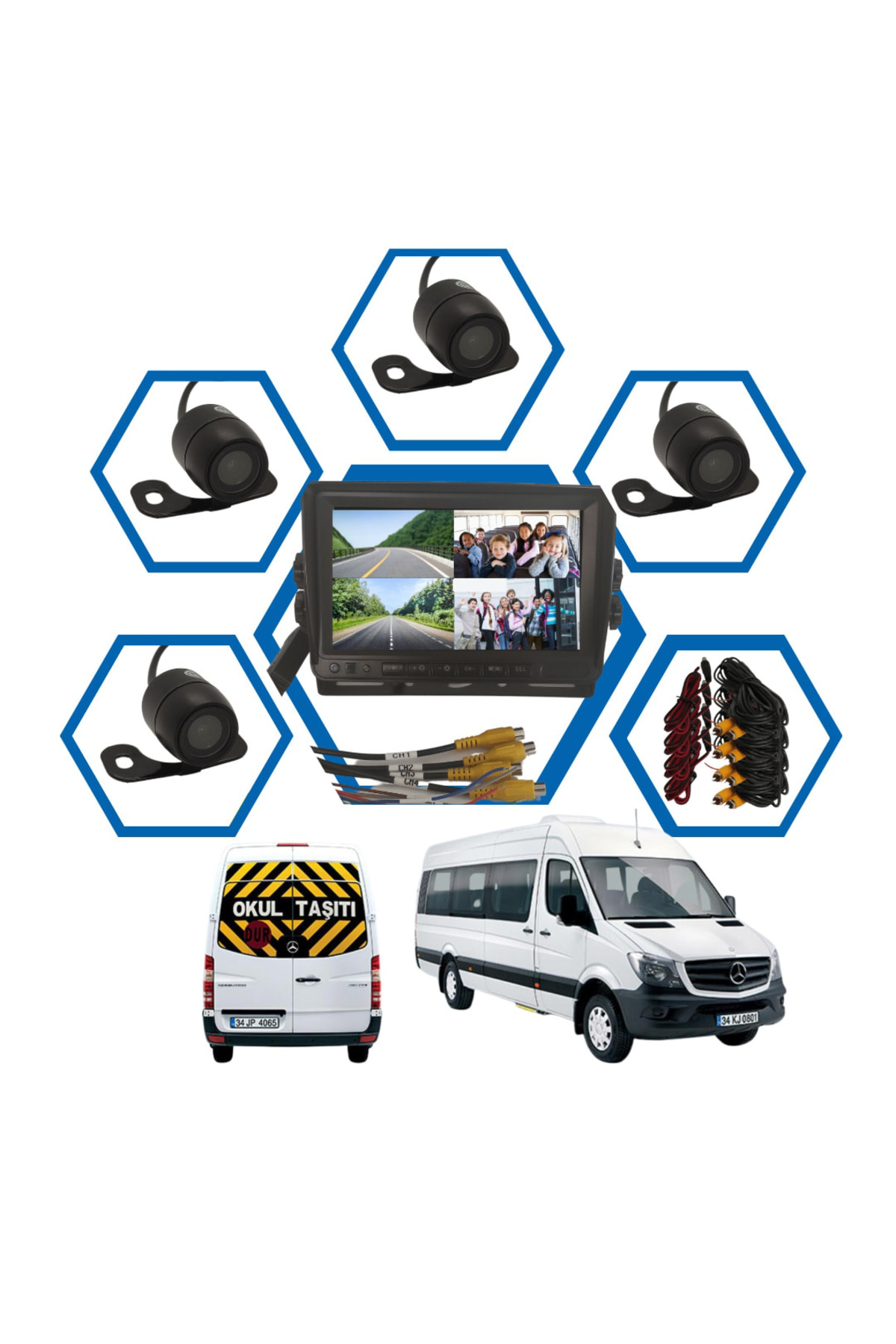 Navistar Kayıtlı 4 Kamera Dahil 7 İnç Monitörlü Araç Kamera Seti 256 Gb Sd