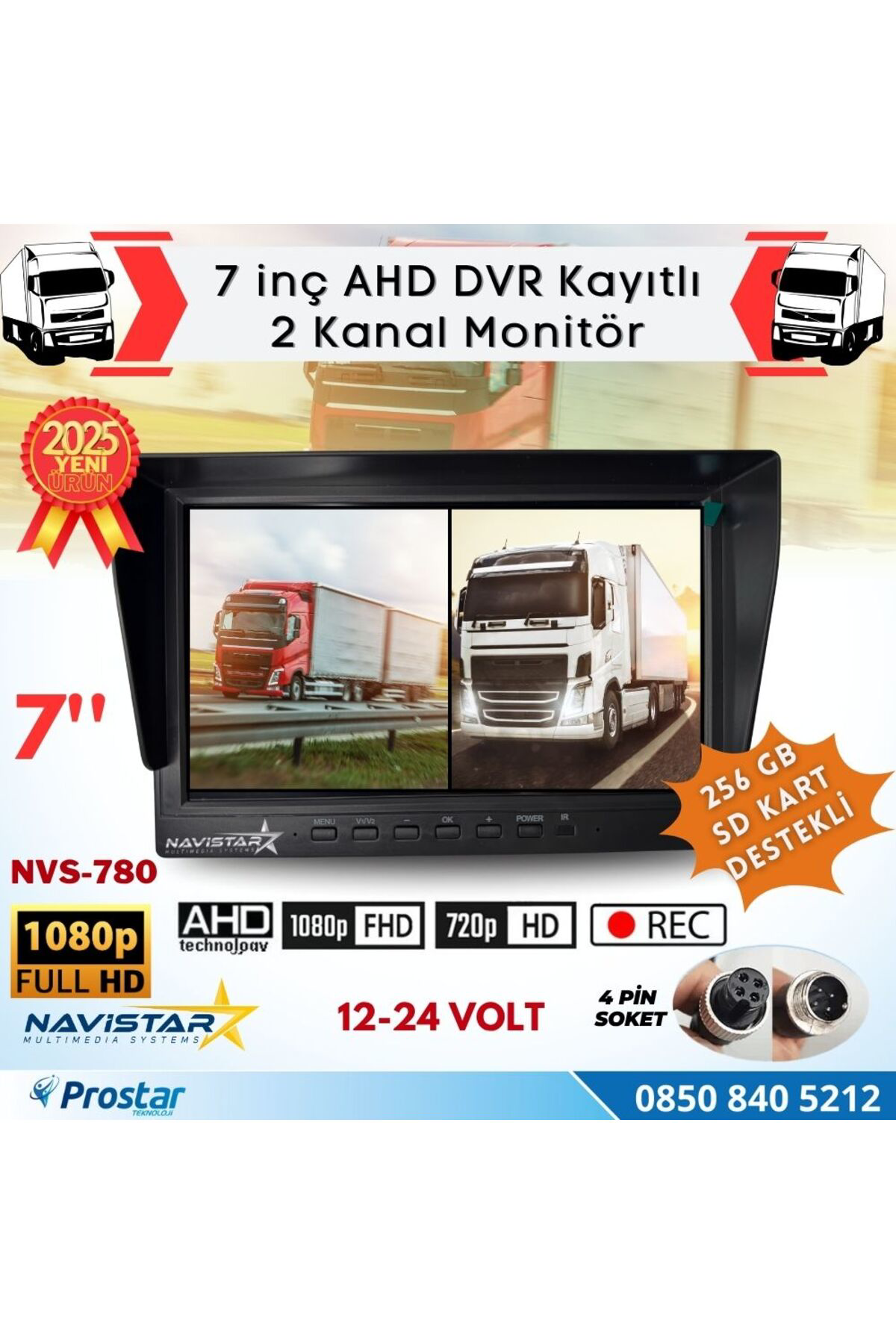 Navistar Kayıtlı 7 İnç İkiye Bölen 2 Kanal Split Ahd 1080P/720P Destekli 4
