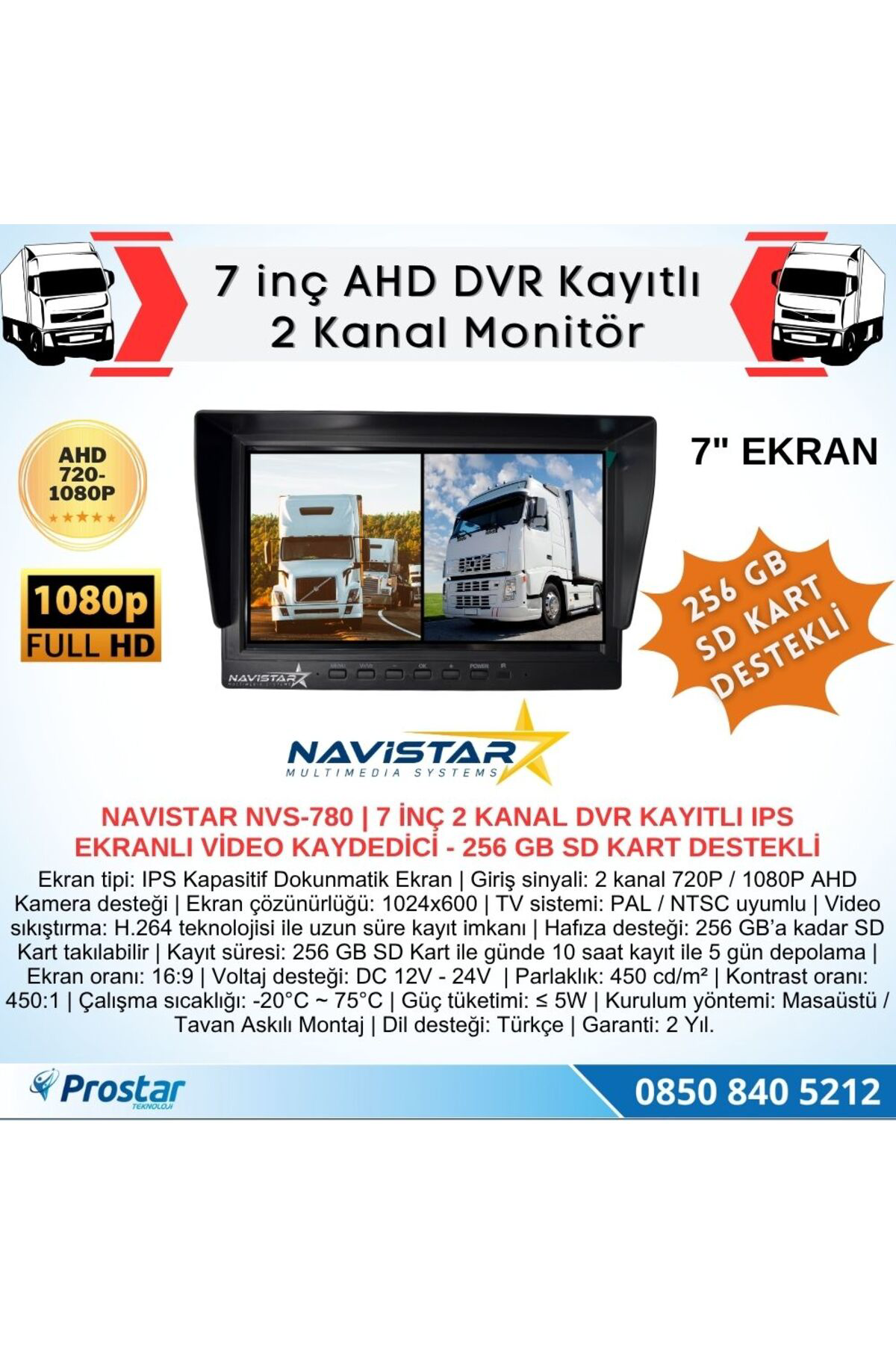 Navistar Kayıtlı 7 İnç İkiye Bölen 2 Kanal Split Ahd 1080P/720P Destekli 4