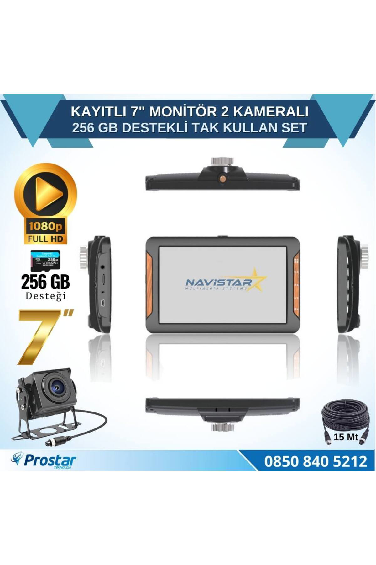 Navistar Kayıtlı 7 İnç Monitör 2 Kameralı Dashcam 256 Gb Destekli 15 Metre