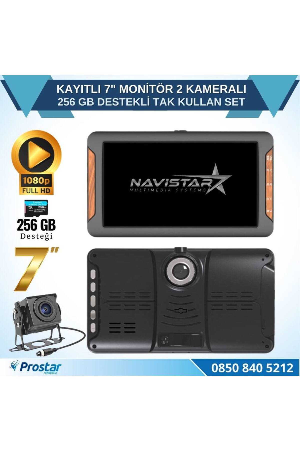Navistar Kayıtlı 7 İnç Monitör 2 Kameralı Dashcam 256 Gb Destekli 15 Metre