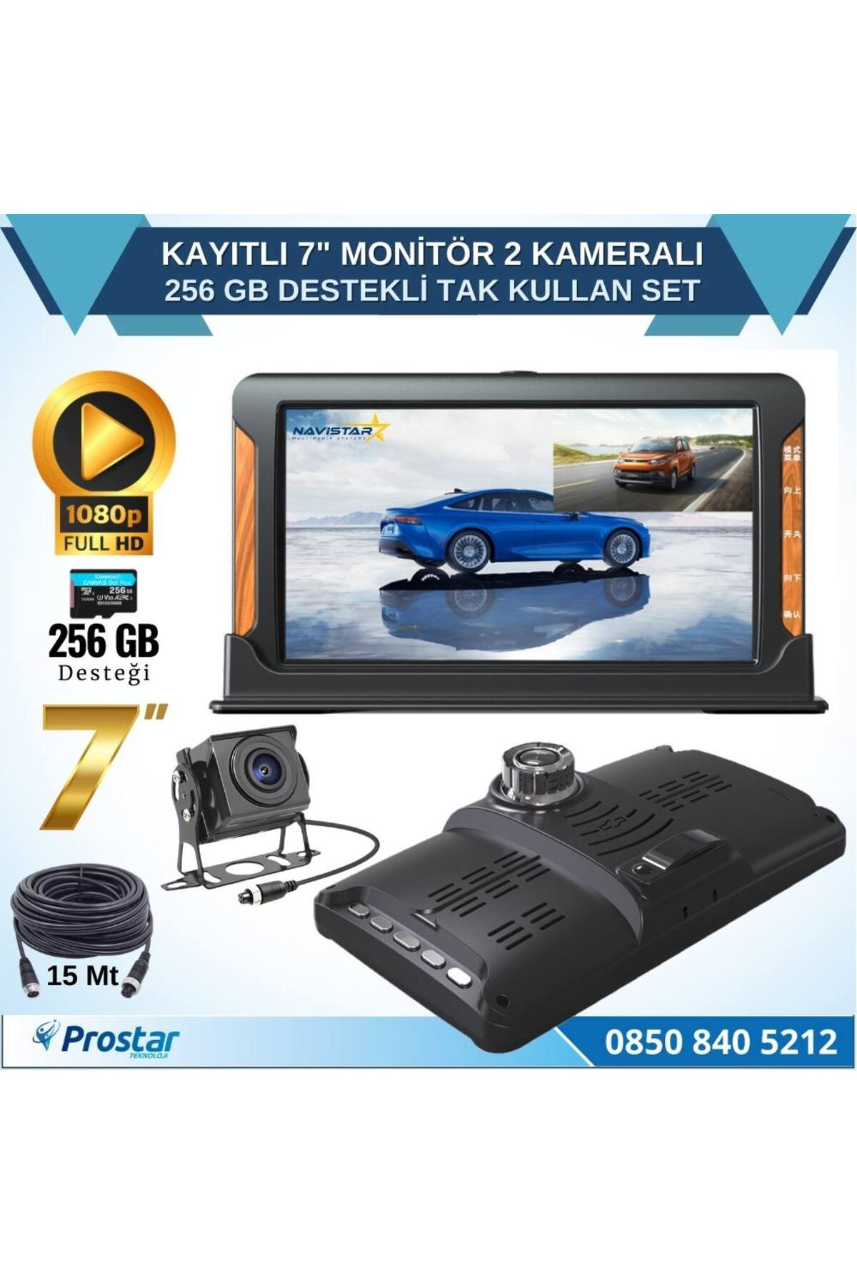 Navistar Kayıtlı 7 İnç Monitör 2 Kameralı Dashcam 256 Gb Destekli 15 Metre