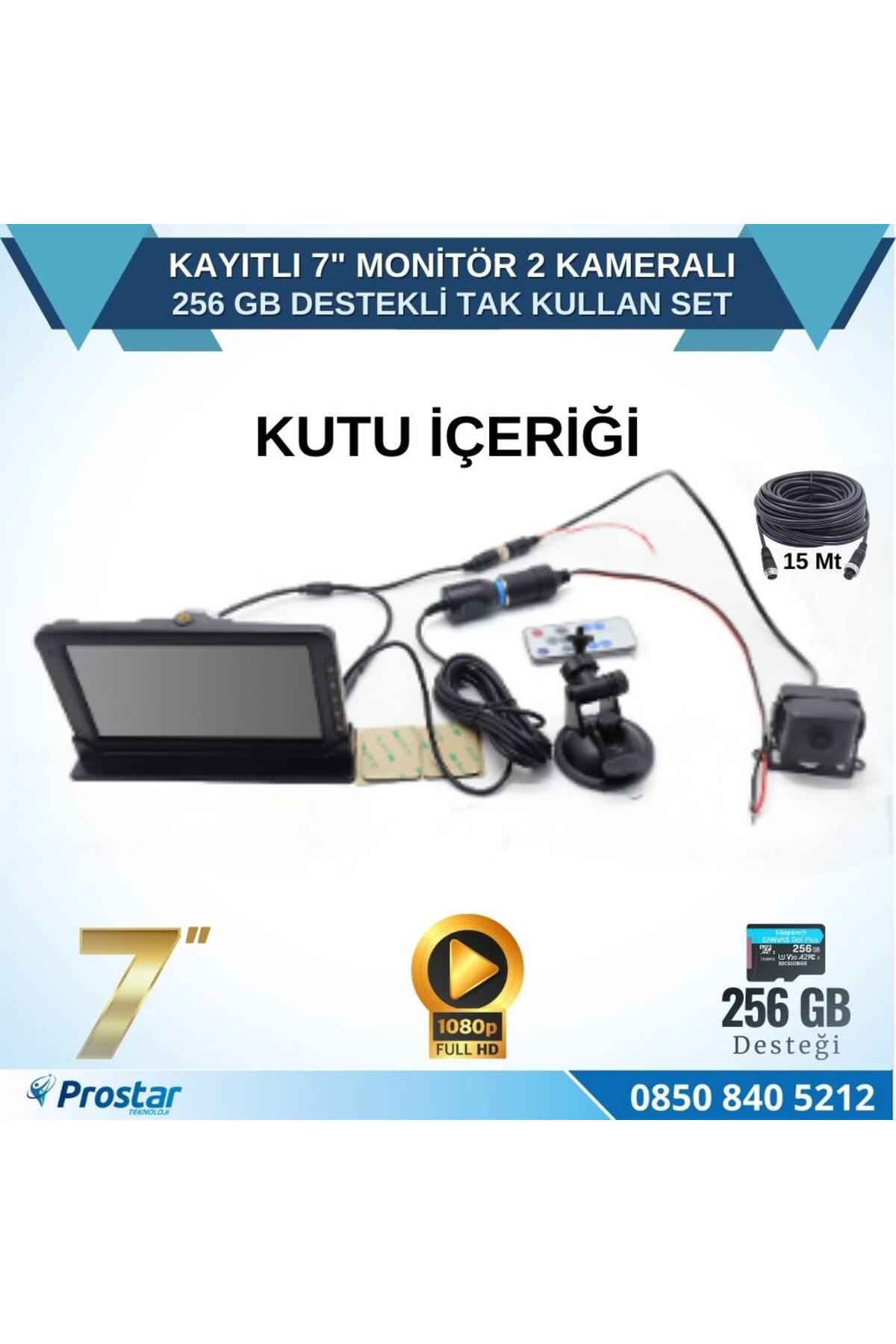 Navistar Kayıtlı 7 İnç Monitör 2 Kameralı Dashcam 256 Gb Destekli 15 Metre