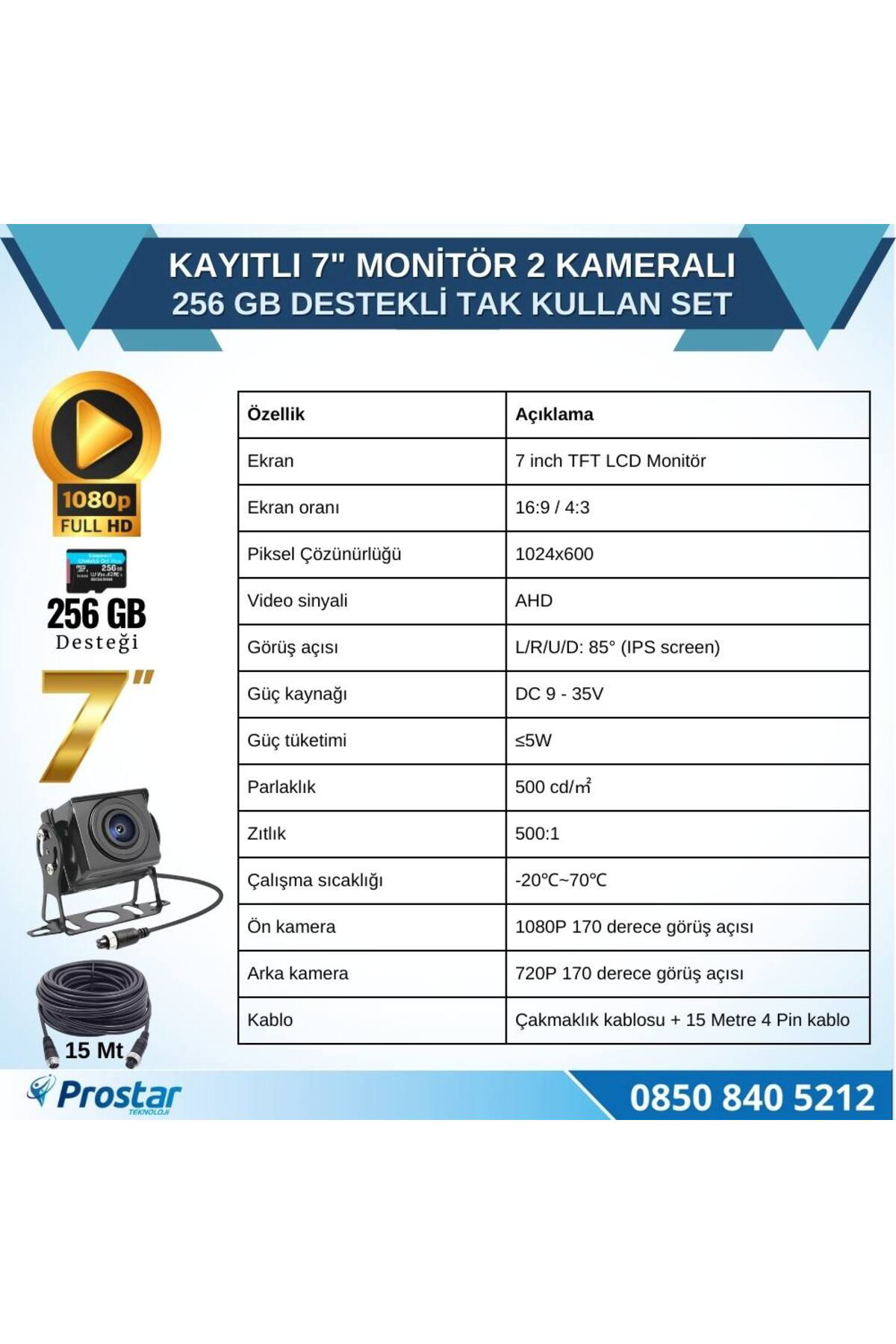 Navistar Kayıtlı 7 İnç Monitör 2 Kameralı Dashcam 256 Gb Destekli 15 Metre