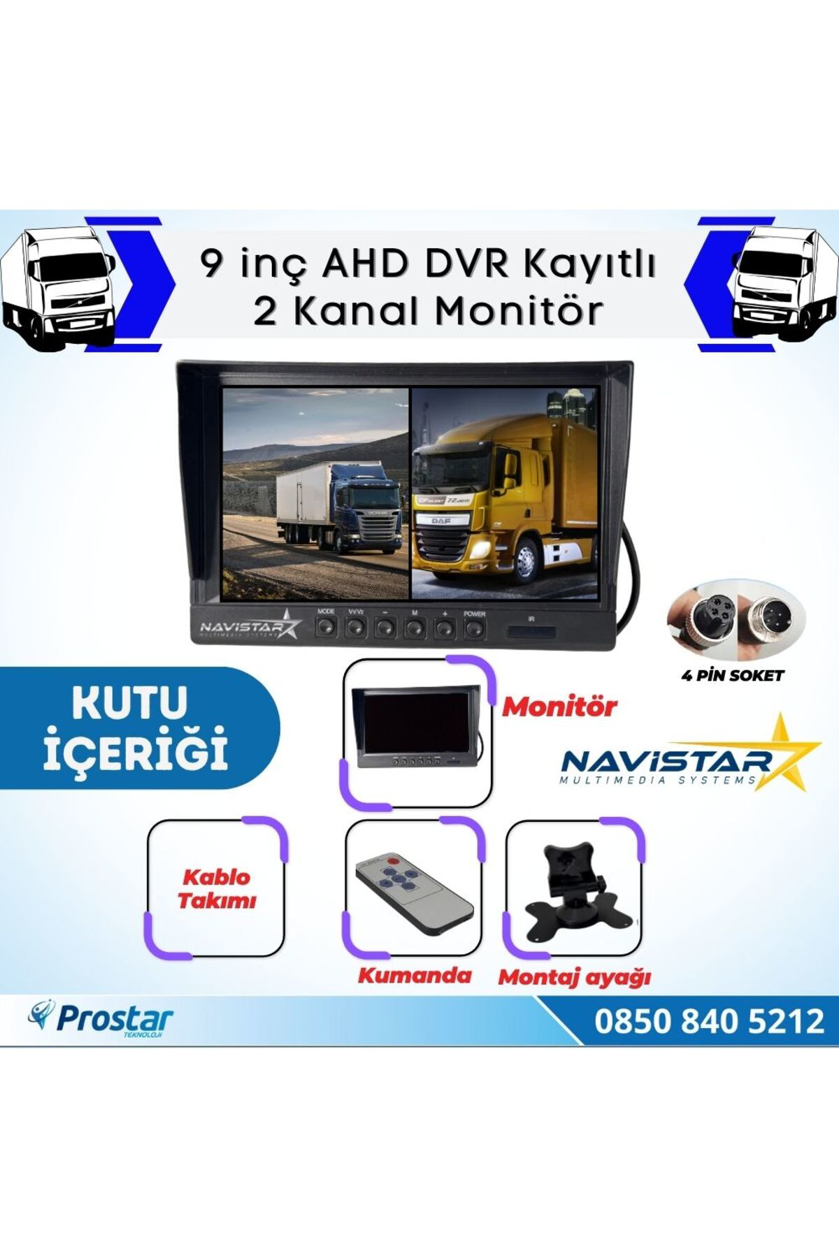Navistar Kayıtlı 9 İnç İkiye Bölen 2 Kanal Split Ahd 1080P/720P Destekli 4
