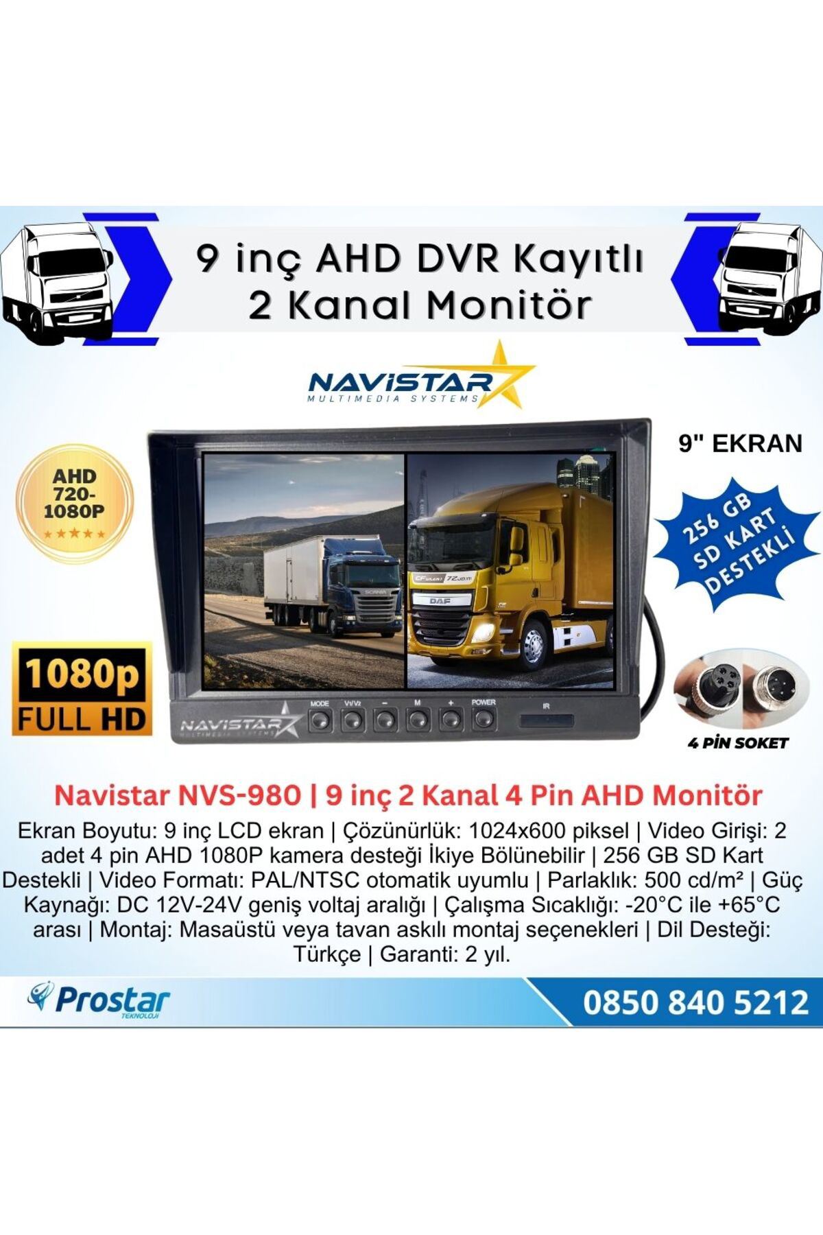 Navistar Kayıtlı 9 İnç İkiye Bölen 2 Kanal Split Ahd 1080P/720P Destekli 4