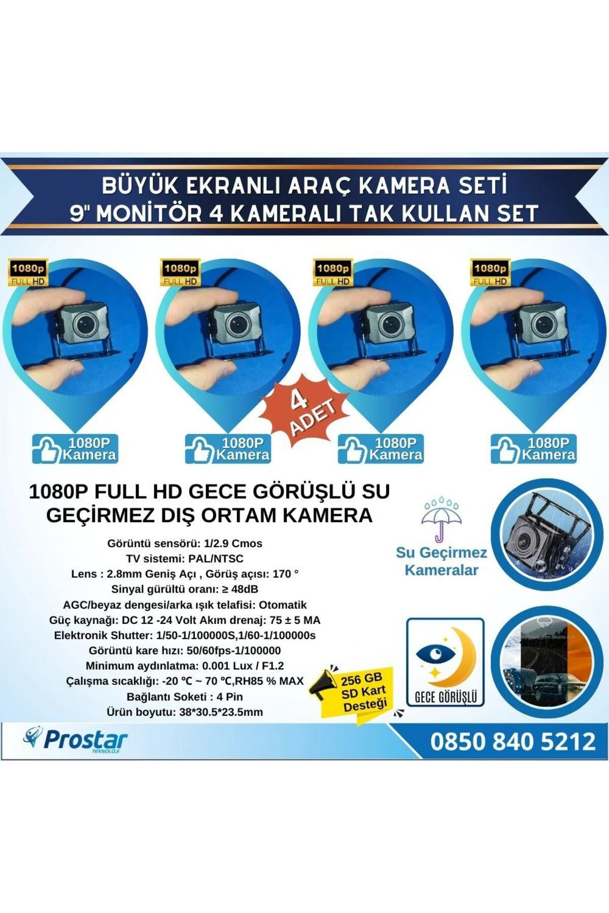 Kayıtlı 9" Monitörlü AHD 1080P 4 Kameralı 256GB SD Destekli 4Pin 