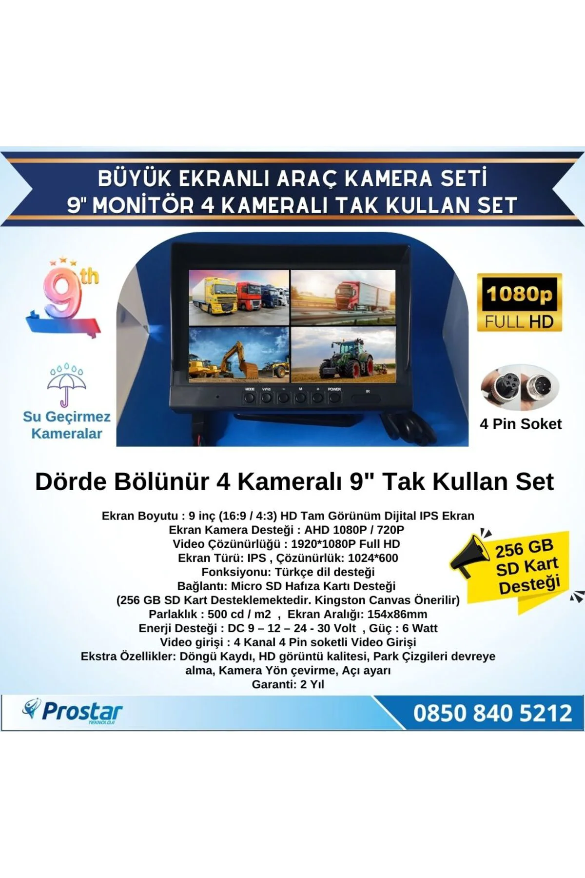 Kayıtlı 9" Monitörlü AHD 1080P 4 Kameralı 256GB SD Destekli 4Pin 