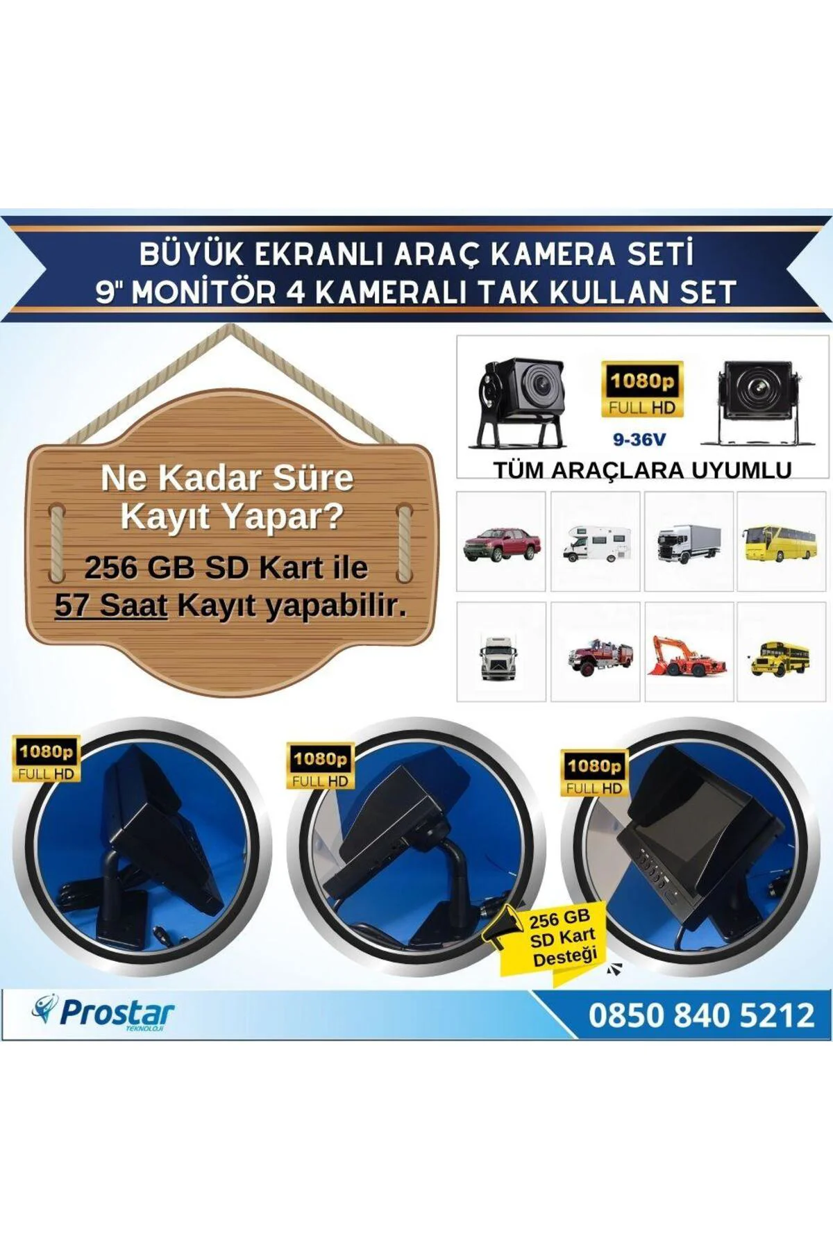 Kayıtlı 9" Monitörlü AHD 1080P 4 Kameralı 256GB SD Destekli 4Pin 