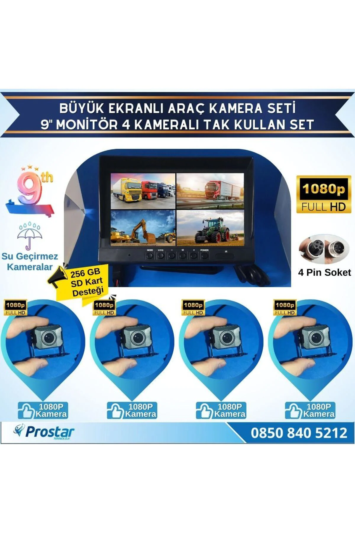 Kayıtlı 9" Monitörlü AHD 1080P 4 Kameralı 256GB SD Destekli 4Pin 