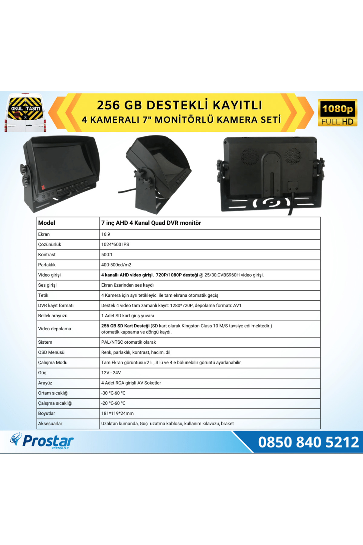 Navistar Kayıtlı Ahd Okul Servisler İçin 4 Kameralı 7 İnç Monitörlü 720P A