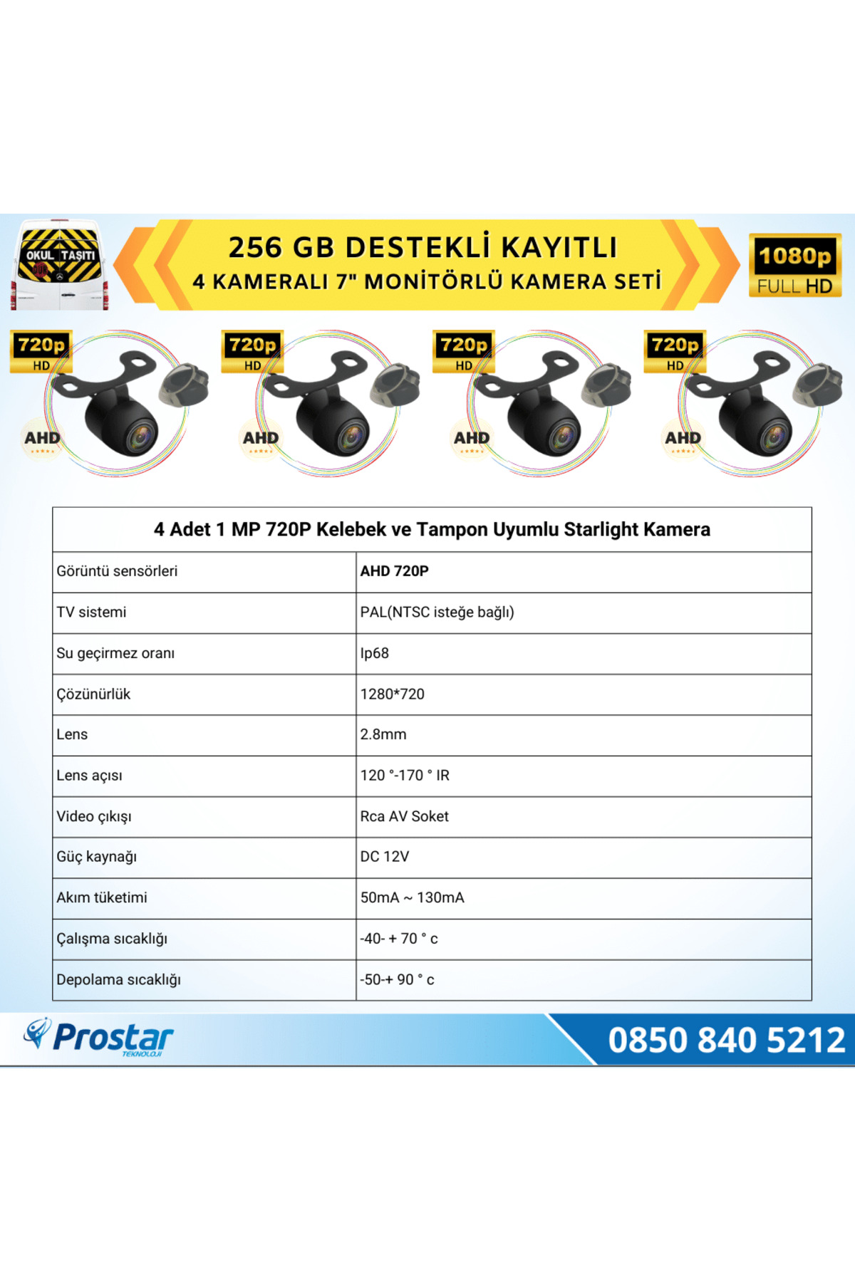 Navistar Kayıtlı Ahd Okul Servisler İçin 4 Kameralı 7 İnç Monitörlü 720P A