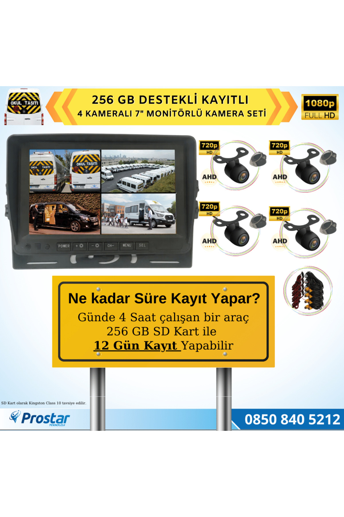 Navistar Kayıtlı Ahd Okul Servisler İçin 4 Kameralı 7 İnç Monitörlü 720P A