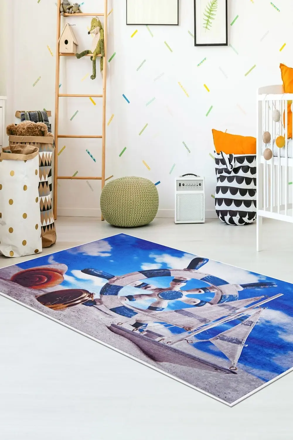 Kaymaz Taban Dijital Halı Yıkanabilir Denizci Erkek Çocuk Odası H