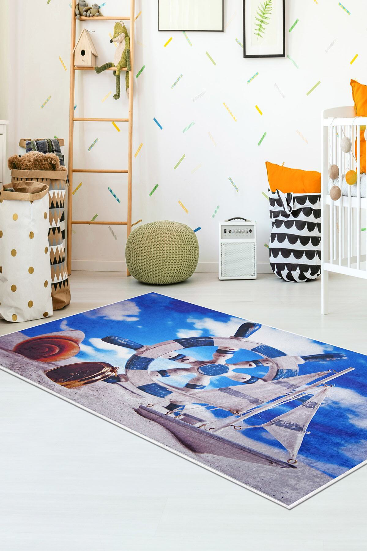 Kaymaz Taban Dijital Halı Yıkanabilir Denizci Erkek Çocuk Odası H