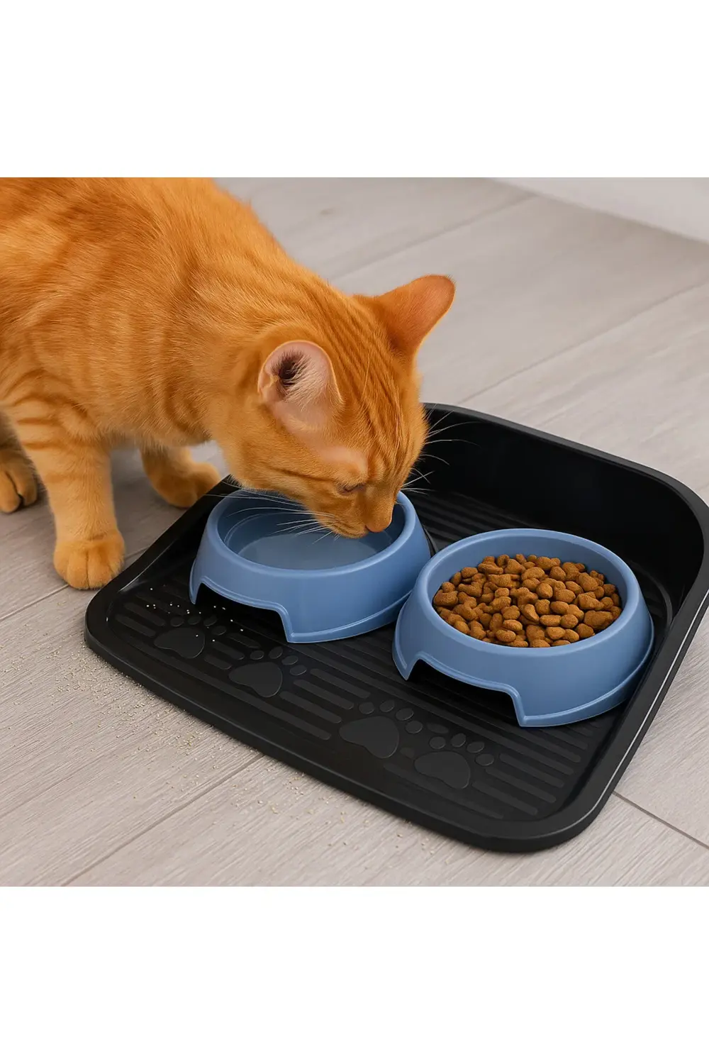 Kaymaz Tabanlı Kedi Köpek Mama Su Kabı Seti – 2’li Mavi Kaplı, Si